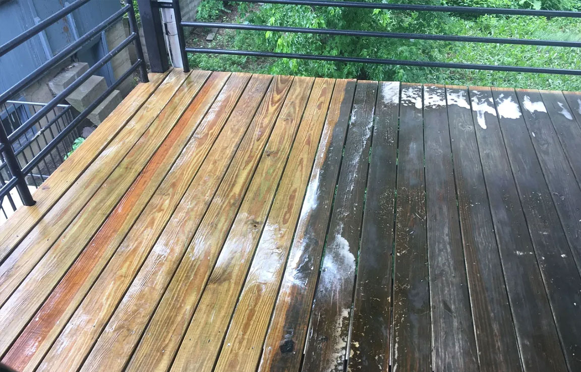 A soapy deck. One half is clean and the other side if black and dirty