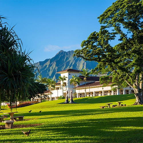 A grassy field with benches, trees, and a large white building with a brown roof. You can see a large mountain in the very back.