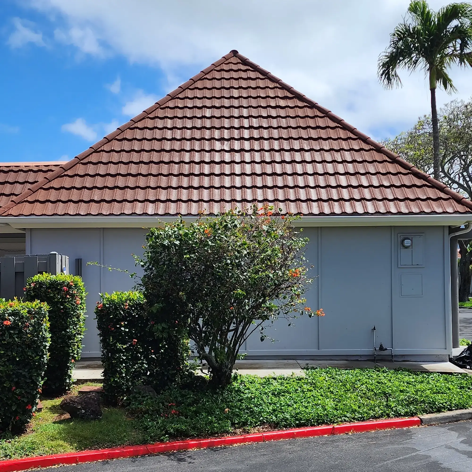A beige house with a red roof with bushes and trees in front of it after a power washing
