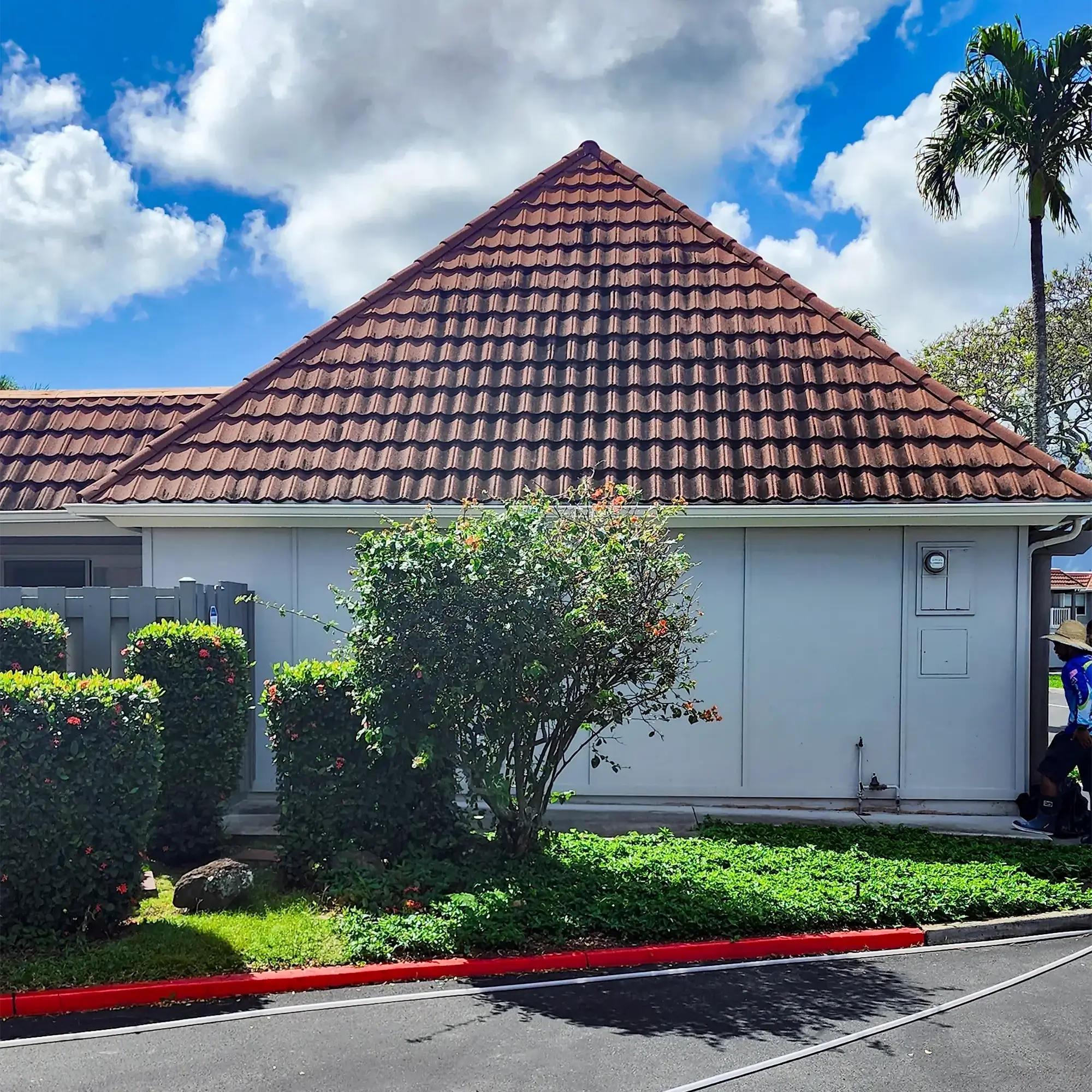 A beige house with a red roof with bushes and trees in front of it before a power washing