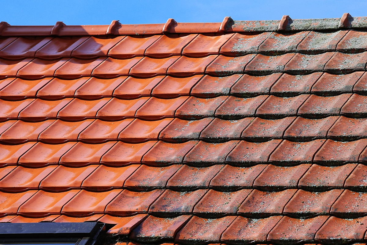 Red/orange roof tiles with half of them clean and half dirty,